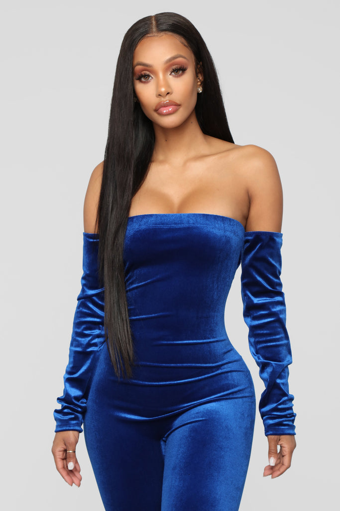 Royal blue velvet jumpsuit discount