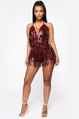 Sparks Fly Sequin Romper - Burgundy