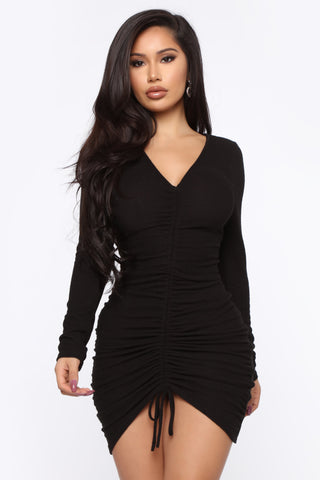 Raquel Ruched Midi Dress - Black