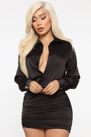My Sidekick Satin Shirt Dress - Black