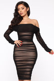 Ready In A Ruched Off Shoulder Midi Dress - Black