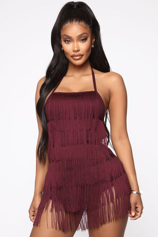 Party Crasher Fringe Romper - Wine