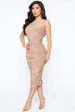 Perfectly Polished Ruched Midi Dress - Mocha