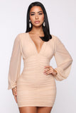 Just Like Me Mesh Ruched Mini Dress - Taupe