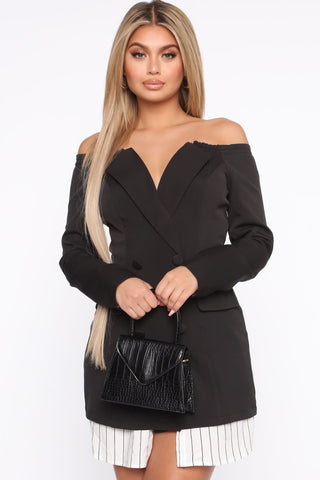 Working Hard Off Shoulder Blazer Dress - Black/White