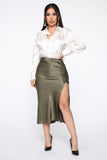 Celebrate Success Satin Midi Skirt - Olive