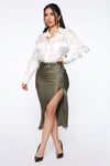 Celebrate Success Satin Midi Skirt - Olive