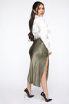 Celebrate Success Satin Midi Skirt - Olive