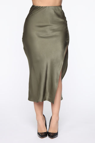 Celebrate Success Satin Midi Skirt - Olive