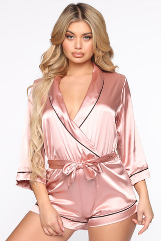 Sunday Morning Satin Sleep Romper - Pink